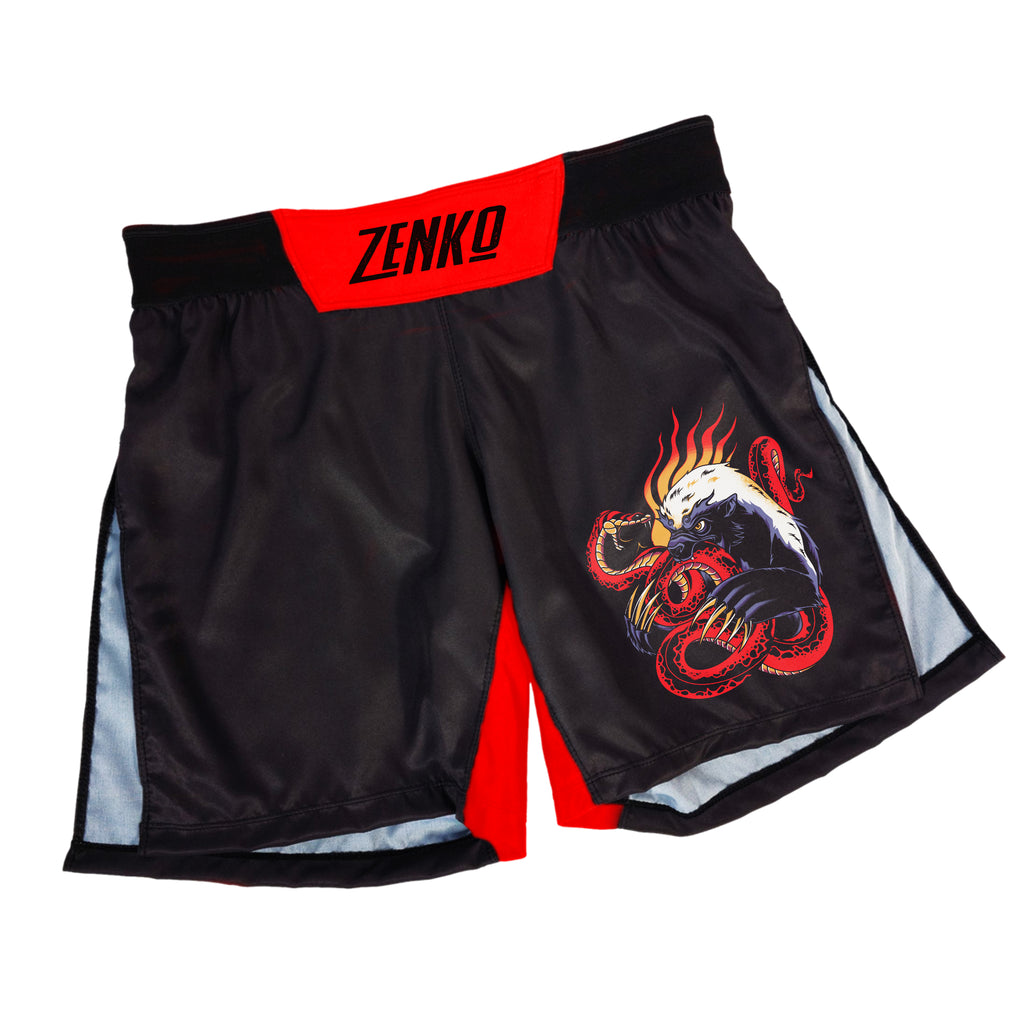 Zenko high split shorts featuring a Honey Badger design, ideal for MMA and combat sports training.
