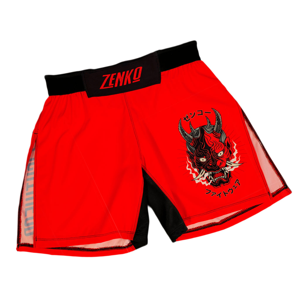 Laid flat Oni Demon High Split Shorts by Zenko Fightwear in black and red design