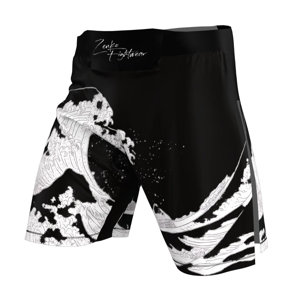 White Wave High Split Shorts | High Cut Gladiator MMA Shorts